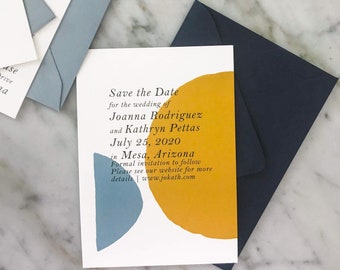 Abstract Terra Cotta Save the Date Card for Southwestern wedding, Bright abstract shape wedding invites for Dusty Blue Navy Wedding