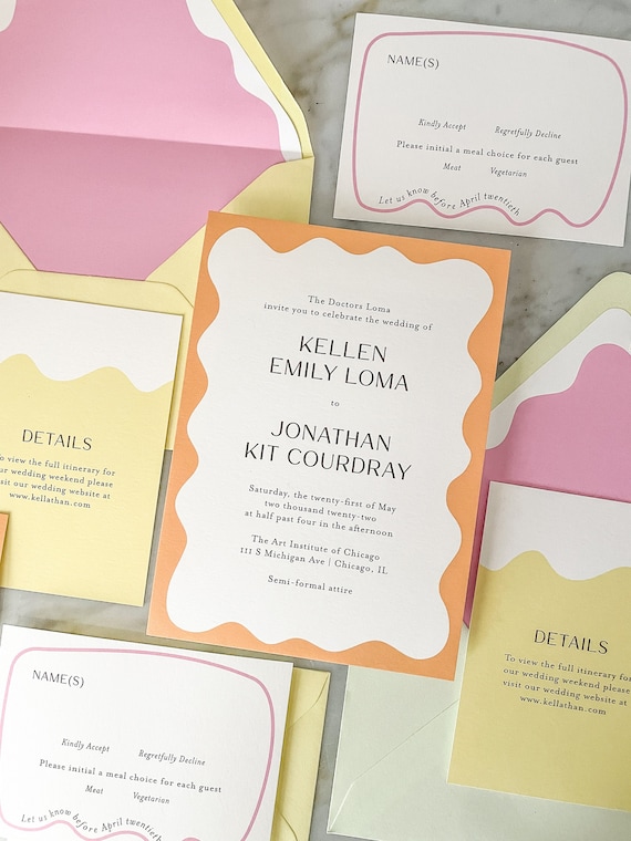 Retro Squiggle Wedding Invitation Set: Wavy Pastel Invites