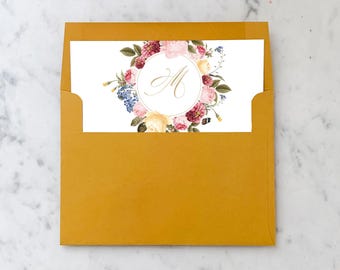 Flower Wreath Monogram, Square Liners - SET OF 25, Printed Envelope Liners