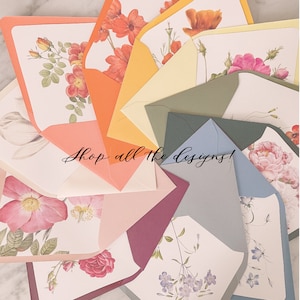 May include: A collection of colorful envelopes with floral designs. The envelopes are arranged in a circular pattern with the text "Shop all the designs!" in the center.