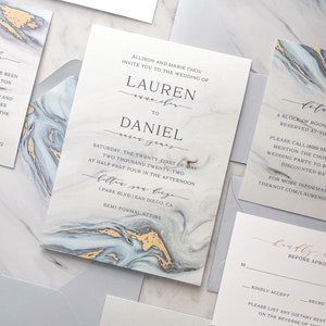 Blue Marble Invitation Suite 6-PC | Gold and Dusty Blue Wedding Invites