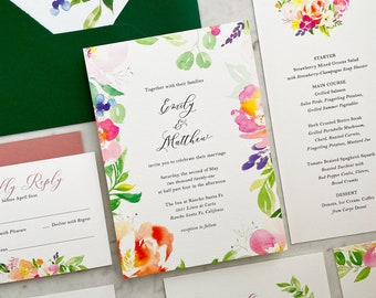 Colorful Wedding Invites | Bright Watercolor Floral Invitation Set | Wedding Invites with Pink Flowers | Garden Wedding Invites