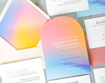 Holographic Rainbow Arch Wedding Invitation: Colorful Modern Invite