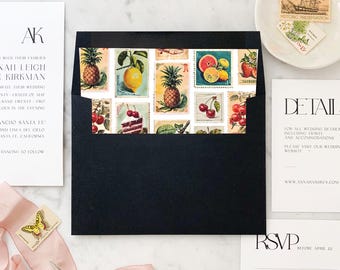 Vintage Fruit & Botanical Postage, Square Liners - SET OF 25, Printed Envelope Liners