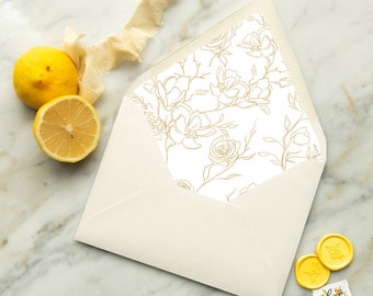 Gold Flowers Envelope Liner DIGITAL Template, Wedding Invitation Digital Download, DIY Envelope Liner