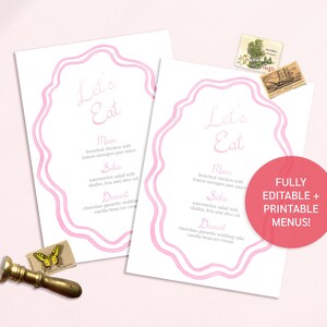 May include: Two printable menu templates with a pink and white design. The text "Let's Eat" is featured on both menus. The menus are fully editable and printable.