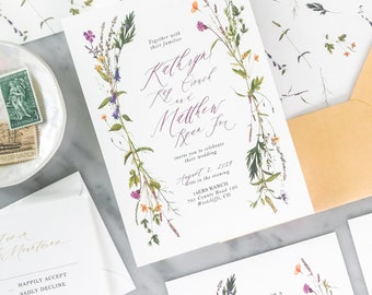 Boho Wildflower Wedding Invitation Suite, Boho Wedding Invitations, Wildflower Wreath invitations