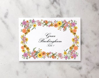 Dusty Pink Colorful Flowers Escort Card | Blank, Printed, or Calligraphy Wedding Tent Escort or Place Card