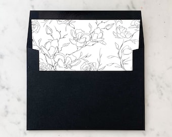 Black Flower Sketch Square Flap Envelope Liner - SET OF 25, Printed Envelope liners for wedding invitations