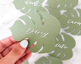 Tropical Leaf Wedding Place Cards, Beach Wedding Place Cards, Escort Cards Leaf Shaped, Calligraphy Name Cards for Island Wedding