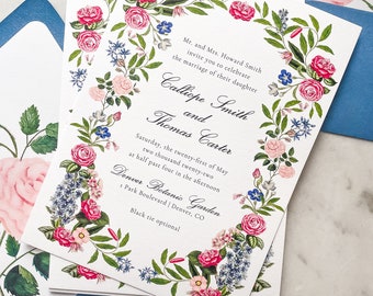 Floral Frame Wedding Invitation Suite: Pink Roses, Dusty Blue Flowers
