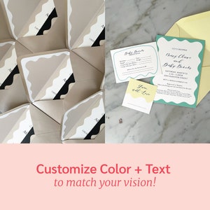 May include: A baby shower invitation with a teal and white wavy design. The invitation says "Let's Shower Mary Clare and Baby Brooks" with the date and time of the shower. The invitation also includes the address and RSVP information. The invitation is surrounded by a yellow envelope.