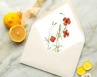 Digital Poppies Flowers Envelope Liner Template, Wedding Invitation Digital Download, DIY Envelope Liner