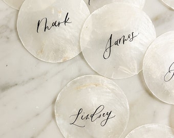 Shell Place Cards, Escort Cards Capiz Shells, Beach Wedding Place Cards, Calligraphy Name Cards for Island or Nautical Wedding