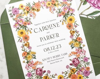 Pink, Orange, Yellow Floral Invitation Suite | Bright Summer Flowers Wedding Invites