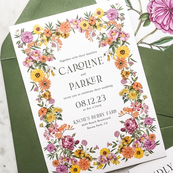 Pink, Orange, Yellow Floral Invitation Suite | Bright Summer Flowers Wedding Invites