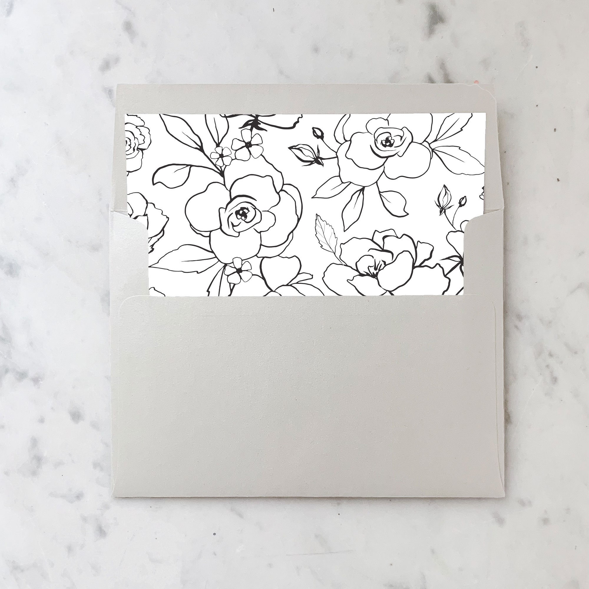 A7 Envelope Liners Black Flower Sketch Square Flap (set of 10) Envelope  Liners by Design by Laney