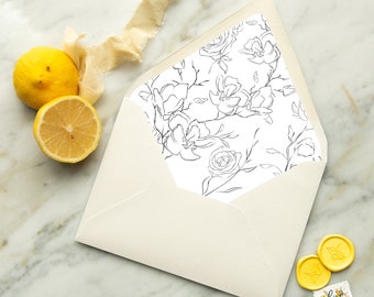 Black Flowers Envelope Liner DIGITAL Template, Wedding Invitation Digital Download, DIY Envelope Liner