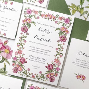 May include: Wedding invitation with a floral border. The invitation is white with pink and green flowers. The text reads "Together with their families Kelly and Patrick invite you to celebrate their wedding Saturday, the twenty-first of May two thousand twenty-two at half past four in the afternoon Stowe Gardens 6500 S New Hope Road Belmont, North Carolina Semi-formal attire".
