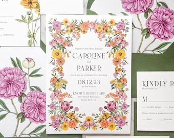 Pink, Orange, Yellow Floral Invitation Suite | Bright Summer Flowers Wedding Invites