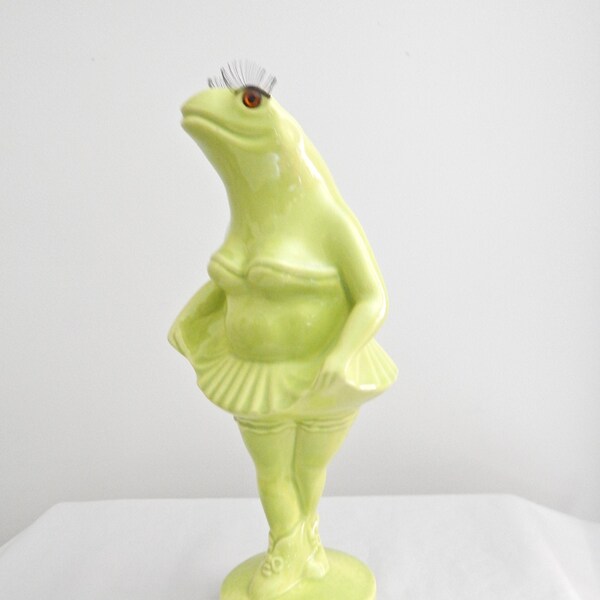 Vintage Enchanto Figurine Large Green Frog Ballerina Tutu Swimsuit Big Eyelashes