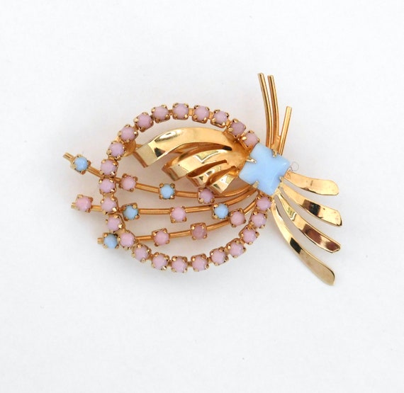 Vintage Pastel Pink And Blue On Goldtone Brooch B… - image 5