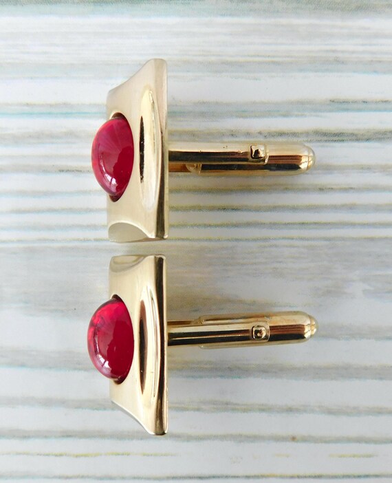 Anson Cufflinks - Goldtone Rectangular With Red O… - image 4