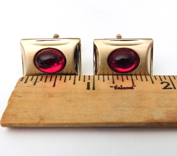 Anson Cufflinks - Goldtone Rectangular With Red O… - image 5