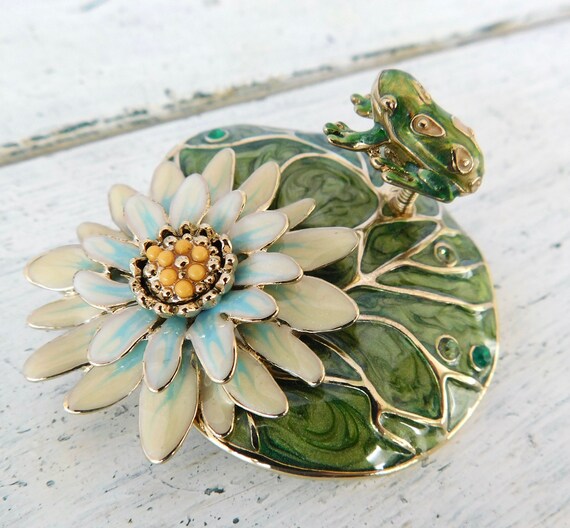 Liz Claiborne Brooch - Enamel Frog On Lily Pad Wi… - image 1