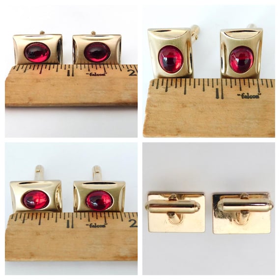 Anson Cufflinks - Goldtone Rectangular With Red O… - image 9