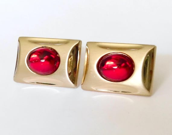 Anson Cufflinks - Goldtone Rectangular With Red O… - image 1