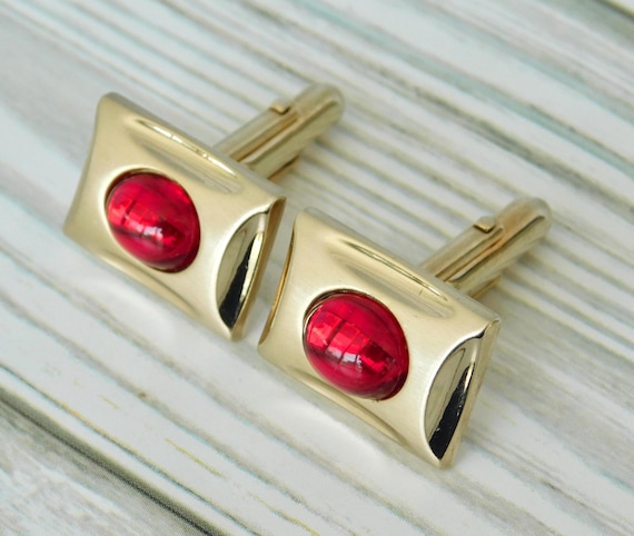 Anson Cufflinks - Goldtone Rectangular With Red O… - image 2