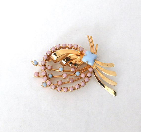 Vintage Pastel Pink And Blue On Goldtone Brooch B… - image 7