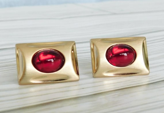Anson Cufflinks - Goldtone Rectangular With Red O… - image 7