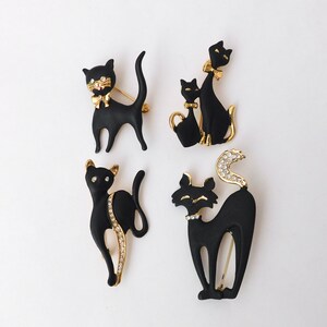 Set Of 4 Vintage Cat Pins - Matte Black  - Glossy Gold - Shiny Crystal Rhinestones
