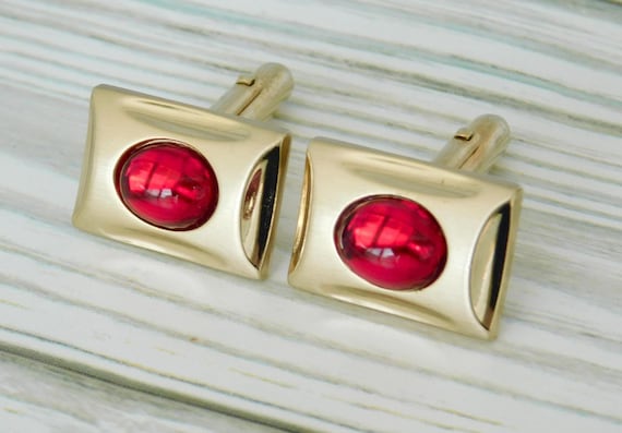 Anson Cufflinks - Goldtone Rectangular With Red O… - image 6