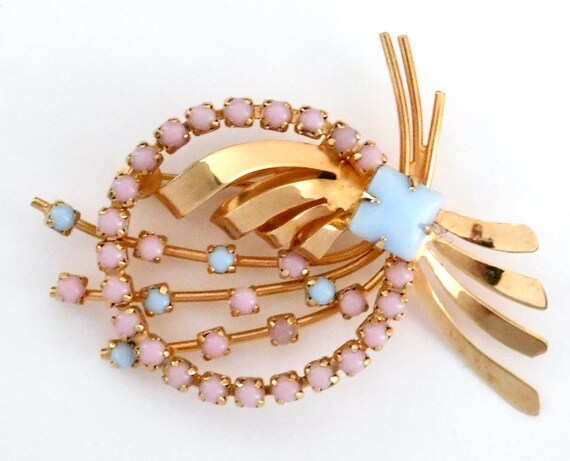 Vintage Pastel Pink And Blue On Goldtone Brooch B… - image 1