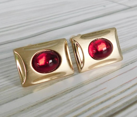 Anson Cufflinks - Goldtone Rectangular With Red O… - image 3