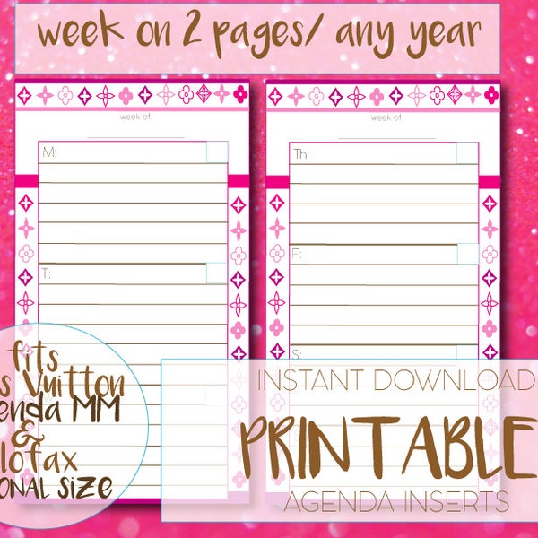 LOUIS VUITTON Pink Agenda MM weekly week/2 pages calendar inserts -also fits Filofax Personal size planners! Printable-instant pdf download!