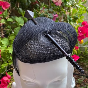 Black Heart Fascinator with feather rhinestone arrow leatherette headband pinup showgirl burlesque retro vintage inspired