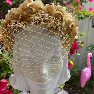Gold Rose with metallic veil floral crown headband hairpiece fascinator