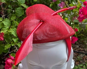 Red Heart Fascinator with feather rhinestone arrow leatherette headband pinup showgirl burlesque retro vintage inspired