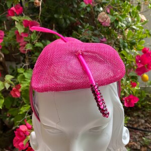 Fuchsia Rose Pink Heart Fascinator with feather rhinestone arrow leatherette headband pinup showgirl burlesque retro vintage inspired