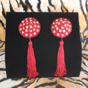Burlesque Pasties Red and White Bold Polka Dots Medium Sized Pinup Tassels Rhinestones