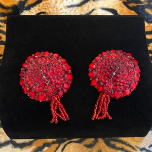 Custom Red Rhinestone Beaded Tassel Burlesque Pasties Showgirl Bachelorette Party Stripper