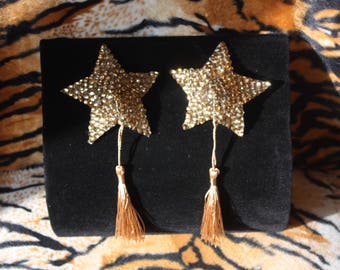 Gold Star Crystal Rhinestone Burlesque Pasties Swivel Tassels Opulent Sparkling