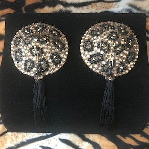 Burlesque Pasties Leopard Print Rhinestones with swiveling tassels showgirl pinup