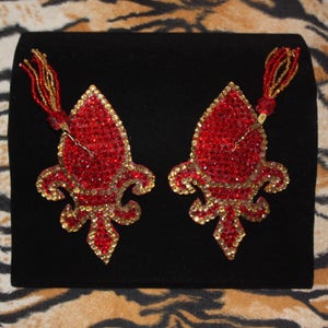 Burlesque Pasties Crystal Rhinestone Fleur De Lis Red Gold with beaded tassels custom made pinup showgirl