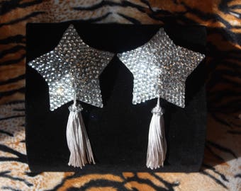 Burlesque Pasties "Clear" Silvery Star Holiday Tassels Showgirl Crystal Rhinestone