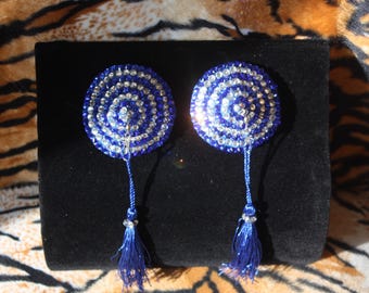 Burlesque Pasties Showgirl Pinup Blue White Crystal Rhinestones Striped